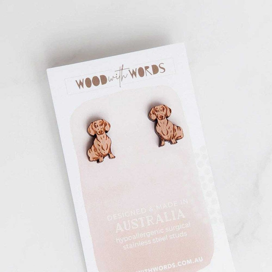 Jewellery Wood With Words | Wood With Words: Wooden Stud Earrings Dachshund Dog