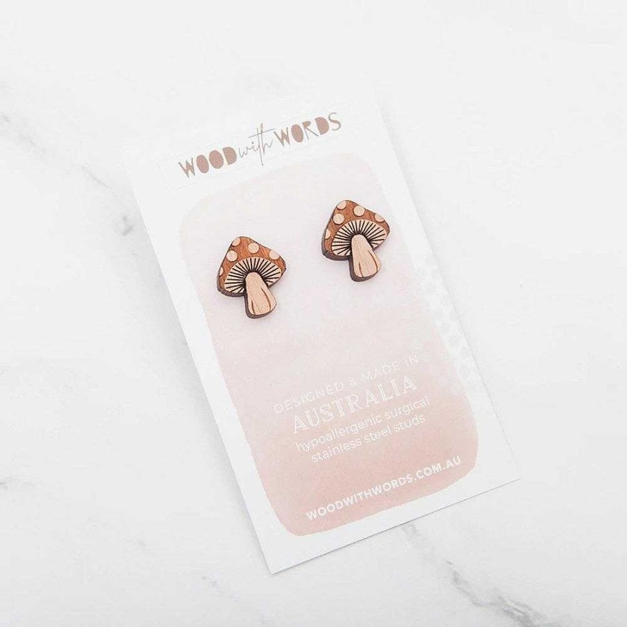 Jewellery Wood With Words | Wood With Words: Wooden Stud Earrings Mushroom