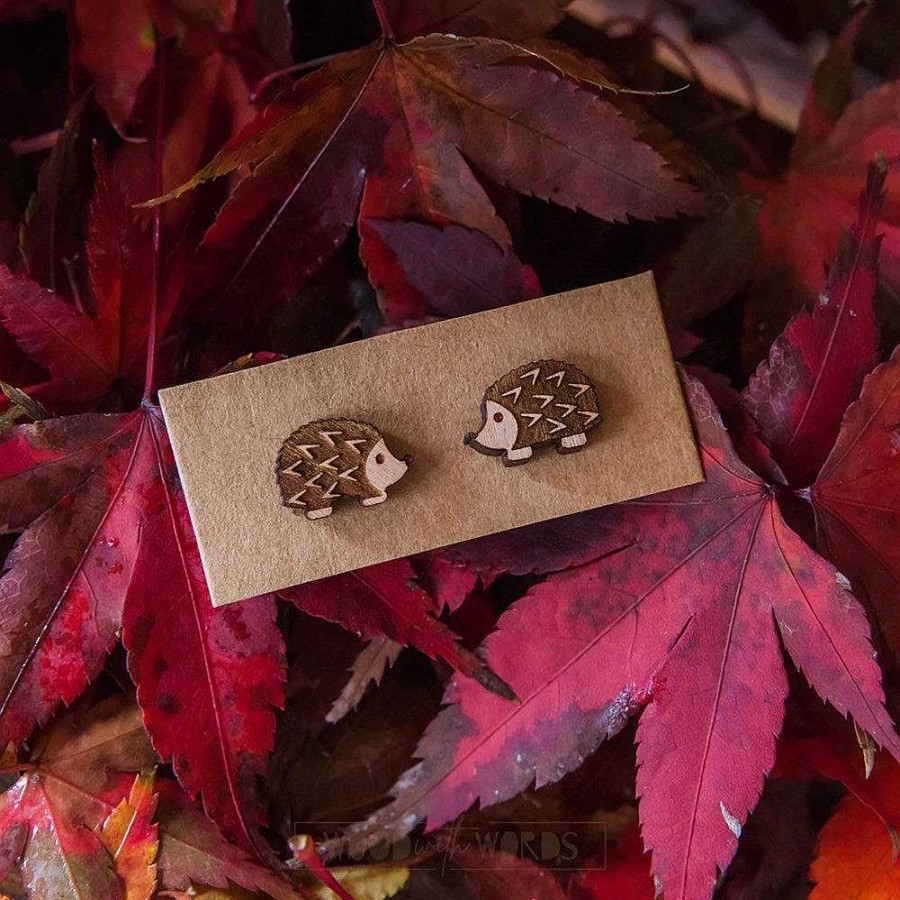 Jewellery Wood With Words | Wood With Words: Wooden Stud Earrings Hedgehog