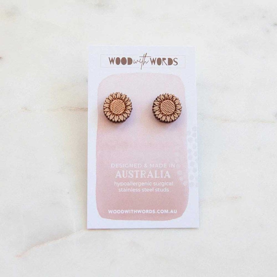 Jewellery Wood With Words | Wood With Words: Wooden Stud Earrings Sunflower