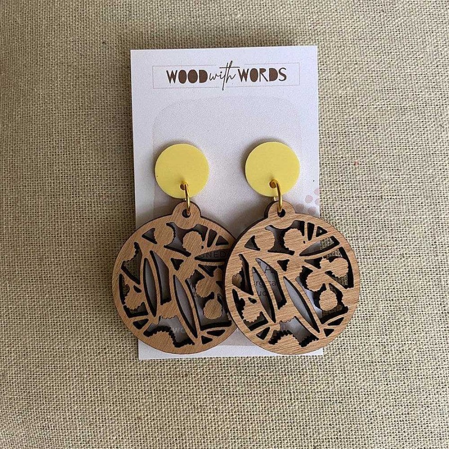 Jewellery Wood With Words | Wood With Words: Dangle Earrings Wattle Blossom