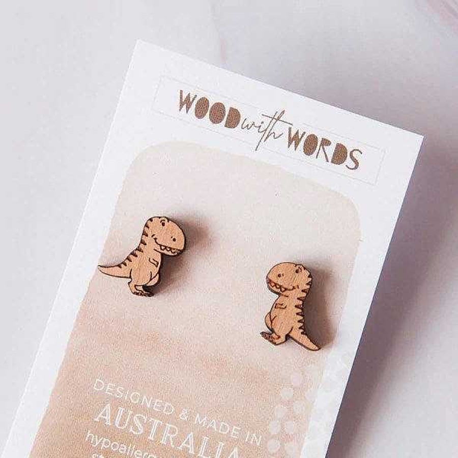 Jewellery Wood With Words | Wood With Words: Wooden Stud Earrings T-Rex