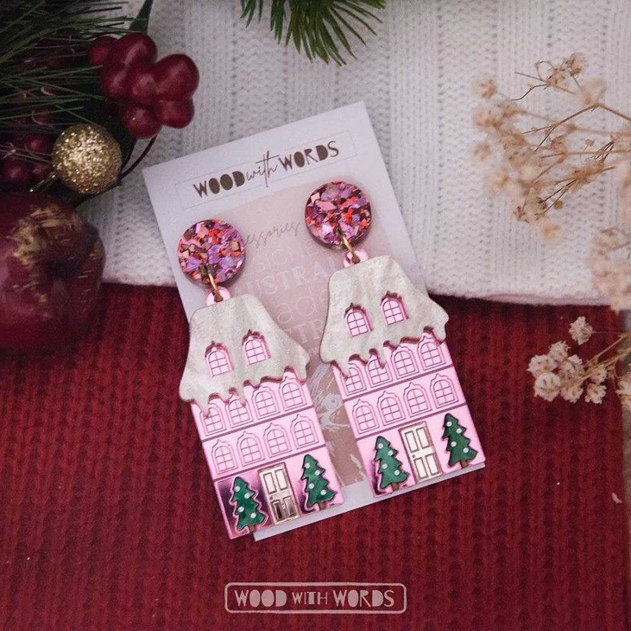 Jewellery Wood With Words | Wood With Words: Dangle Earrings Christmas In Europe Pink House