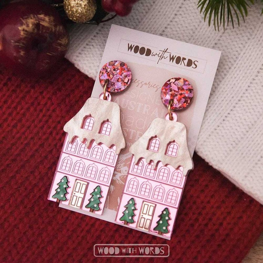 Jewellery Wood With Words | Wood With Words: Dangle Earrings Christmas In Europe Pink House