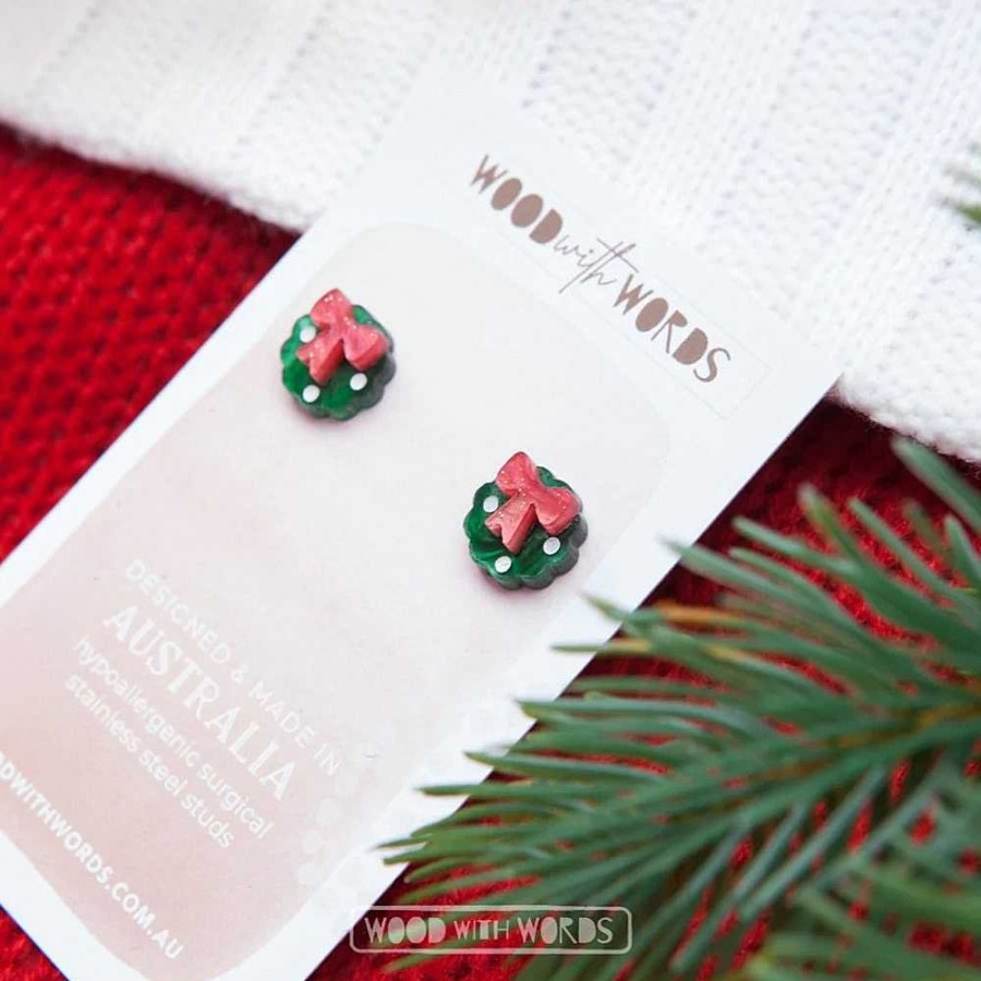 Jewellery Wood With Words | Wood With Words: Acrylic Stud Earrings Green Wreath With Bow