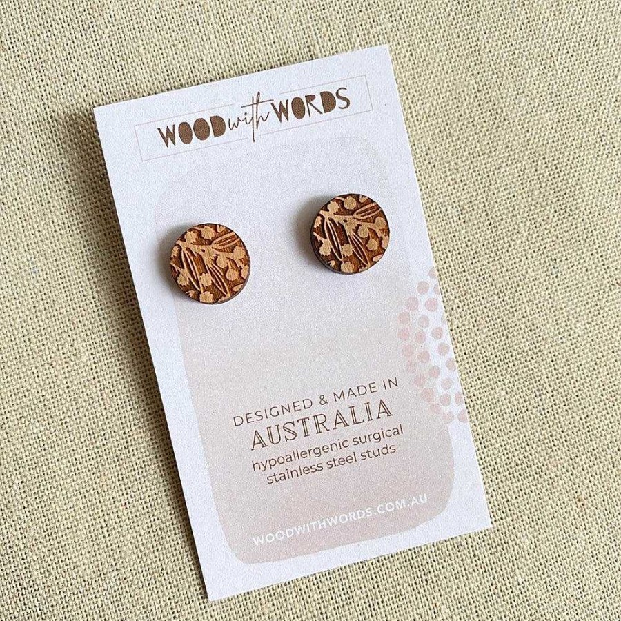 Jewellery Wood With Words | Wood With Words: Wooden Stud Earrings Wattle Blossom