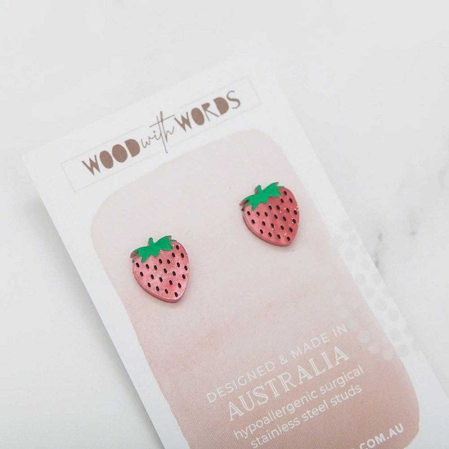 Jewellery Wood With Words | Wood With Words: Acrylic Stud Earrings Strawberry