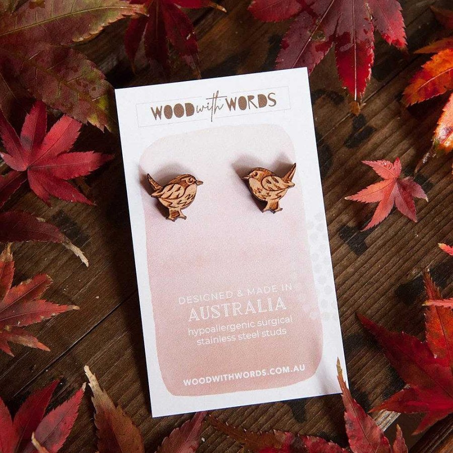 Jewellery Wood With Words | Wood With Words: Wooden Stud Earrings Robin