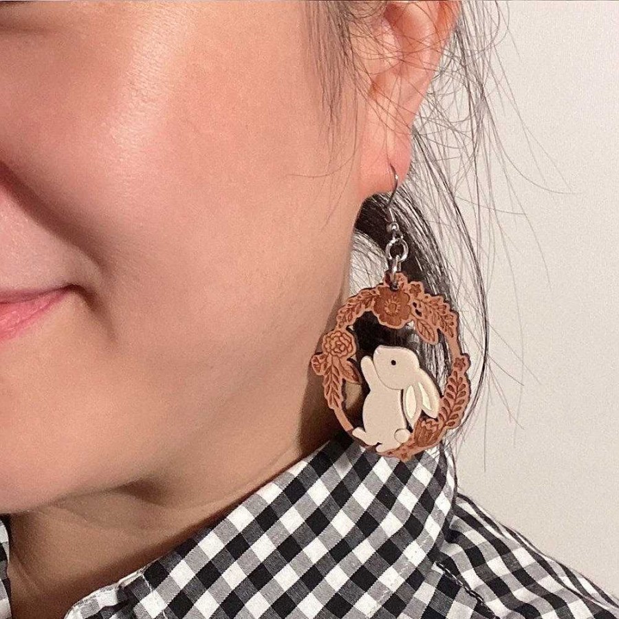 Jewellery Wood With Words | Wood With Words: Dangle Earrings Rabbit Floral Wreath