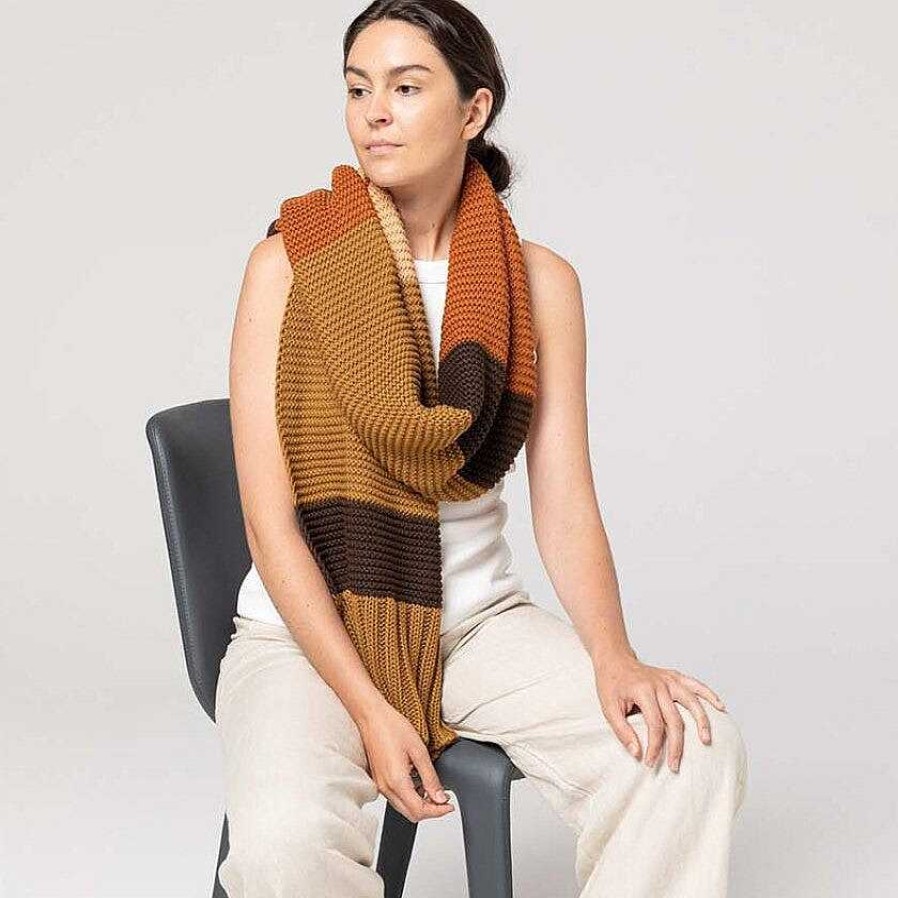 Fashion Indus Design Scarves | Indus Design: Scarf Bold Stripe Knit Bronze Choc Rust