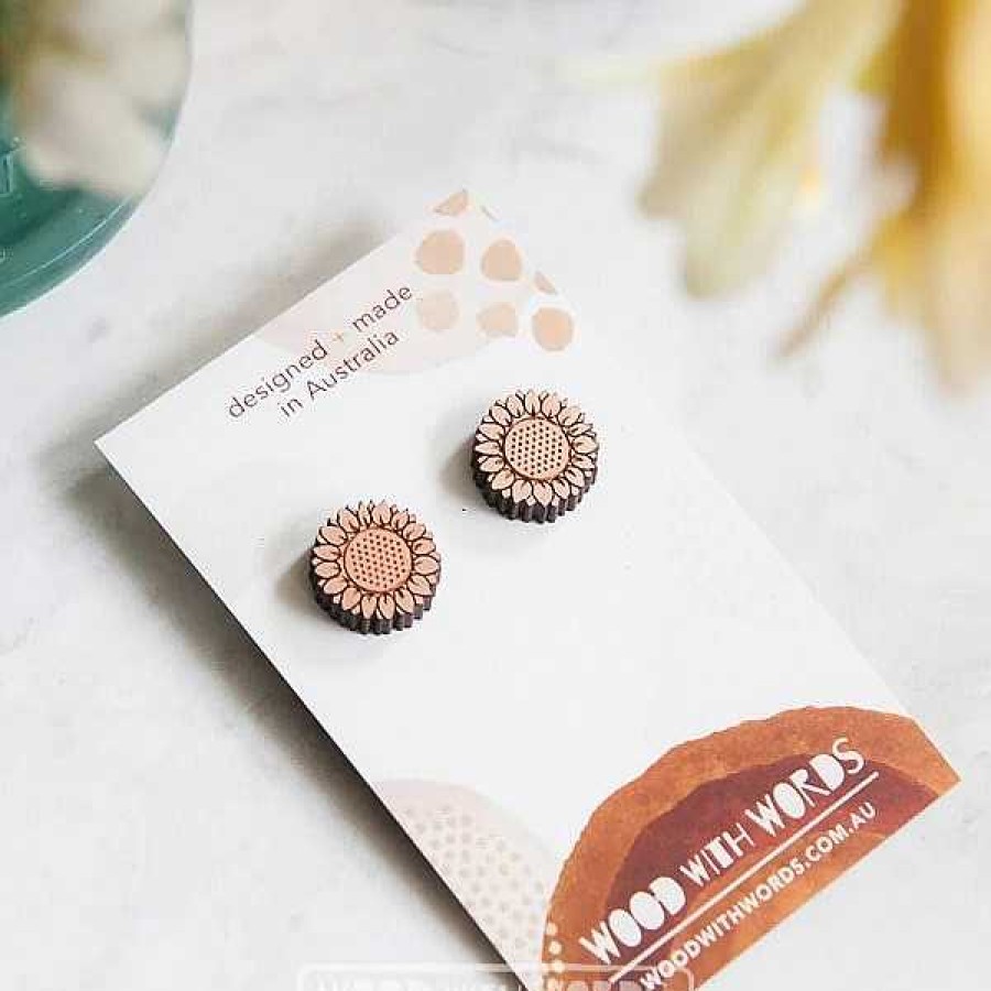 Jewellery Wood With Words | Wood With Words: Wooden Stud Earrings Sunflower