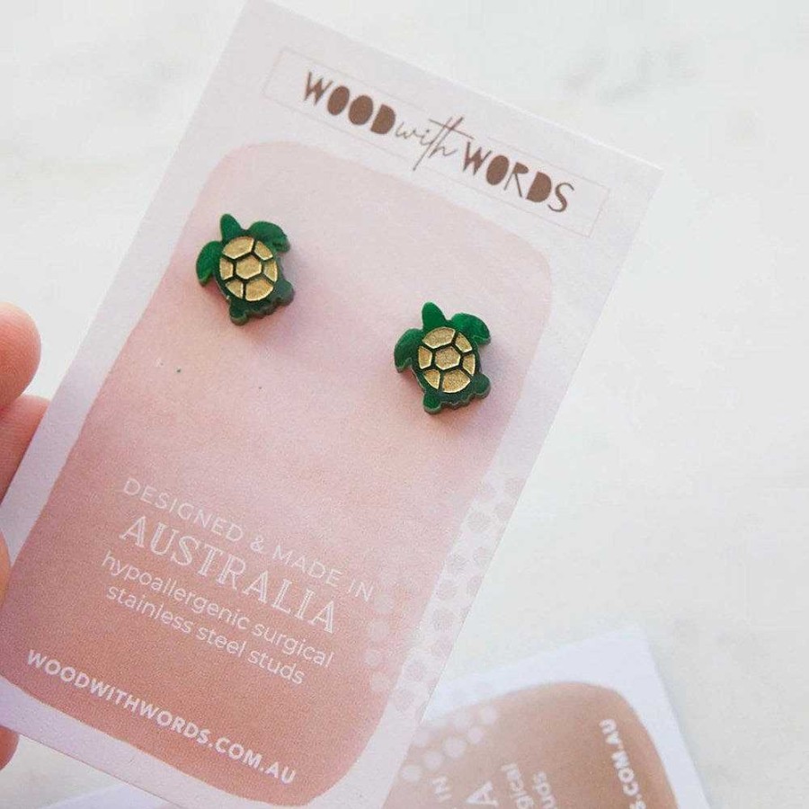 Jewellery Wood With Words | Wood With Words: Acrylic Stud Earrings Green Sea Turtle