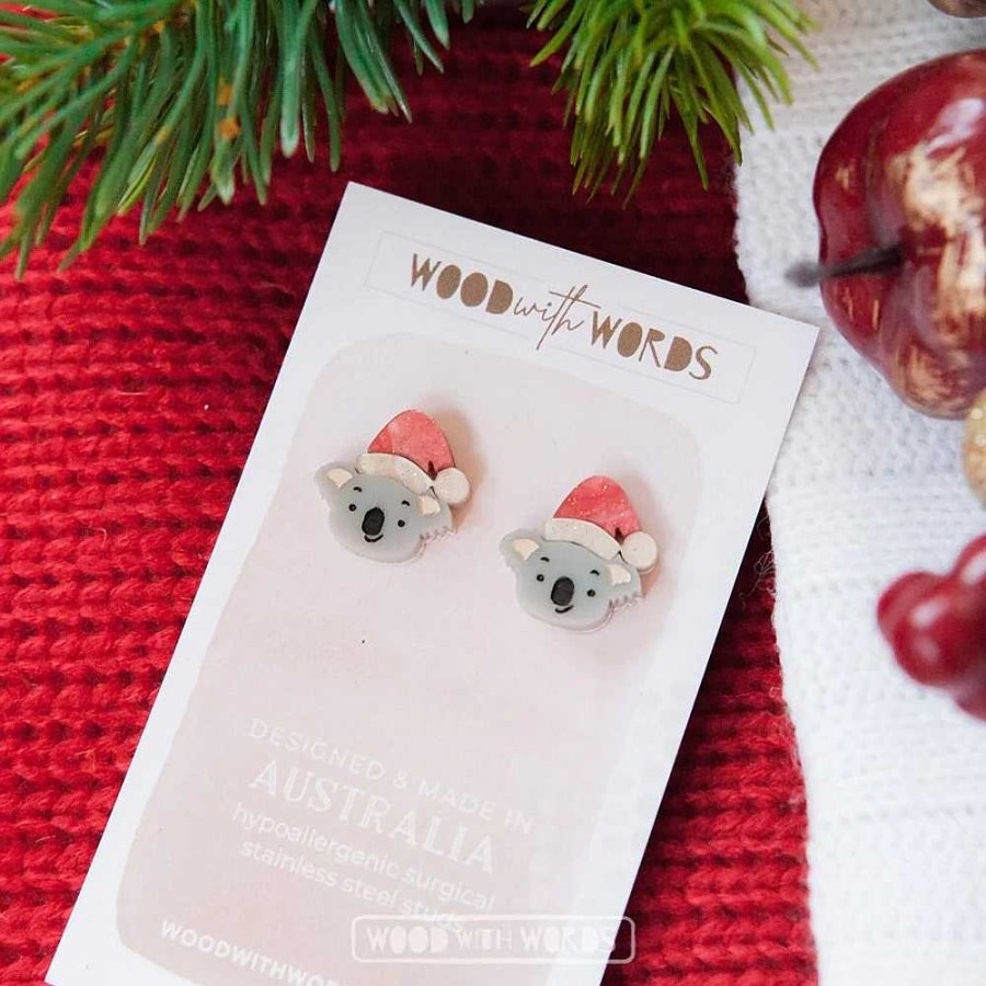 Jewellery Wood With Words | Wood With Words: Acrylic Stud Earrings Christmas Koala