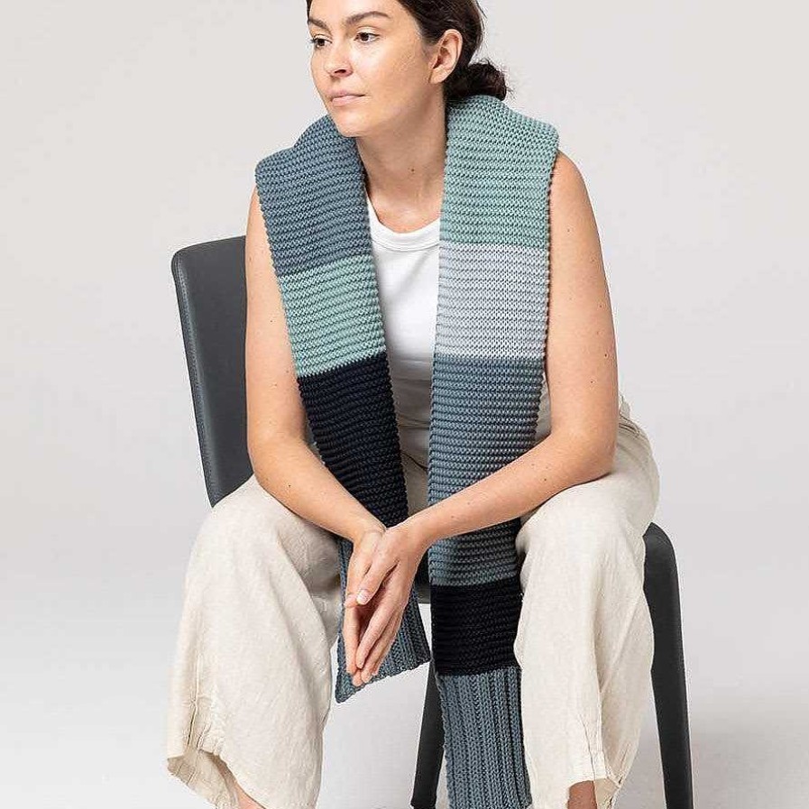 Fashion Indus Design Scarves | Indus Design: Scarf Bold Stripe Knit Indigo Denim Ocean