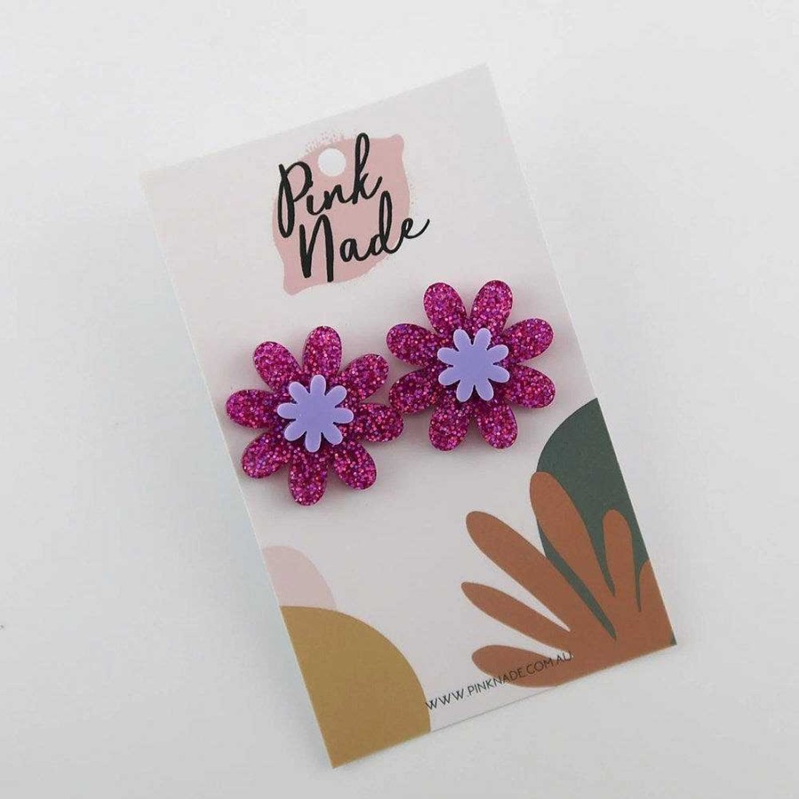 Jewellery Pink Nade | Pink Nade: Daisy Statement Studs Purple Glitter