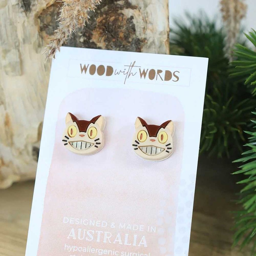 Jewellery Wood With Words | Wood With Words: Acrylic Stud Earrings Cat Bus Ghibli