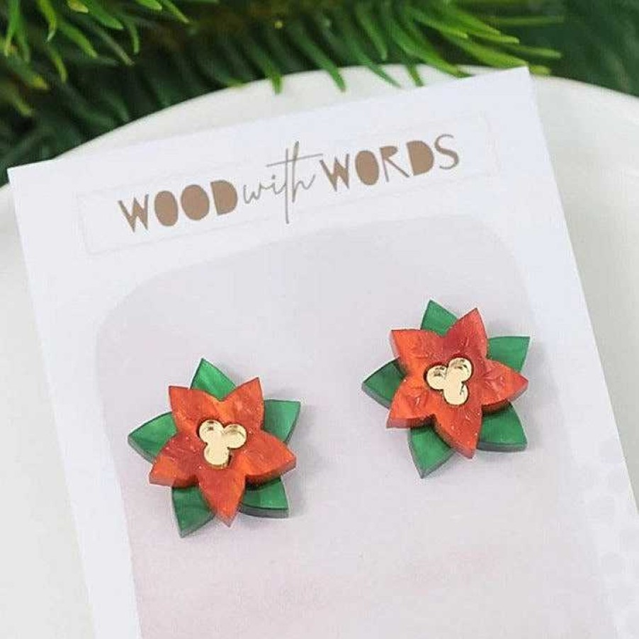 Jewellery Wood With Words | Wood With Words: Acrylic Stud Earrings Poinsettia