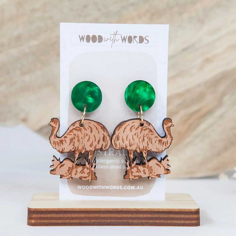 Jewellery Wood With Words | Wood With Words: Wooden Dangle Earrings Emu