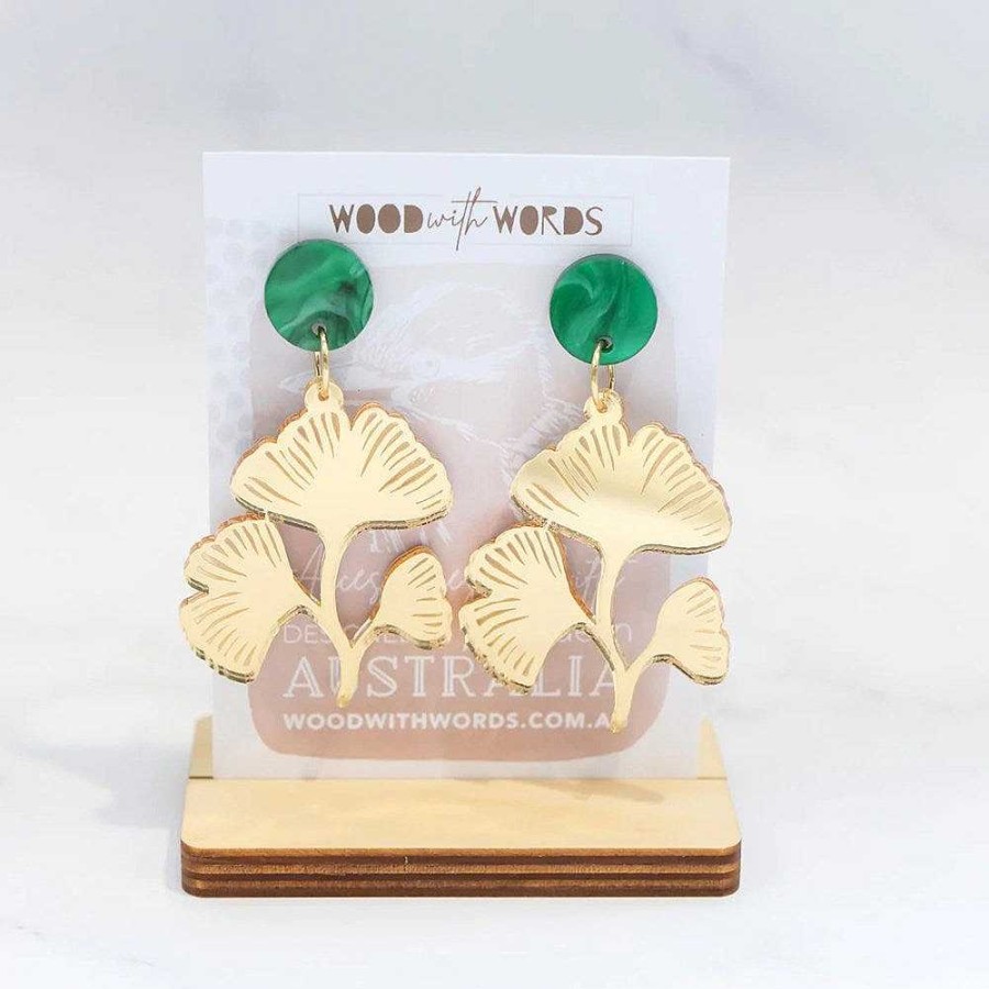 Jewellery Wood With Words | Wood With Words: Dangle Earrings Gold Ginkgo Leaves