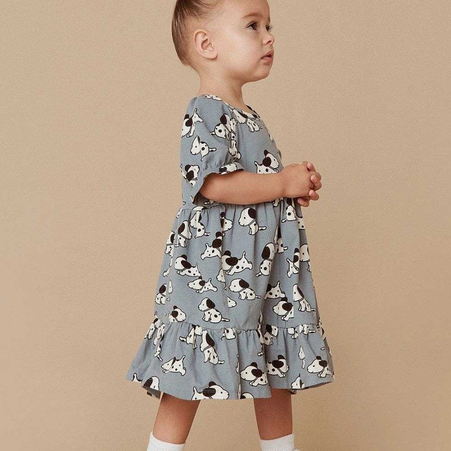 Fashion Huxbaby Kid'S Clothing - Other | Huxbaby: Tiered Puff Sleeve Dress Doggie Teal