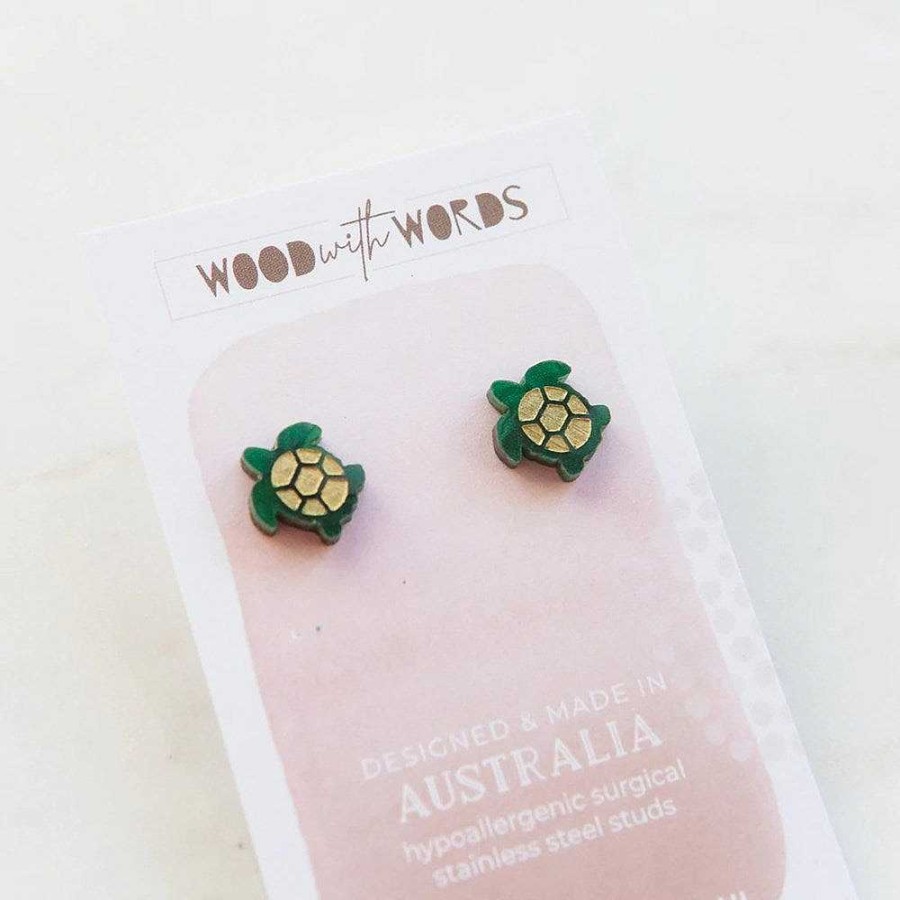 Jewellery Wood With Words | Wood With Words: Acrylic Stud Earrings Green Sea Turtle