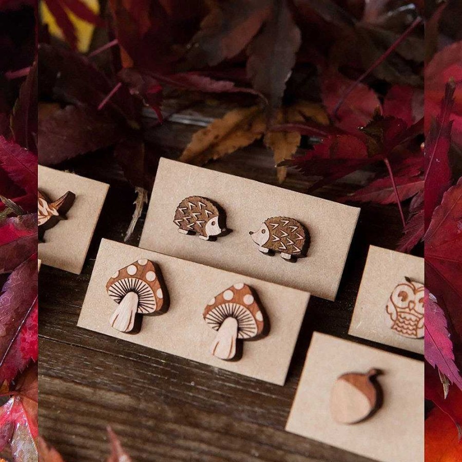 Jewellery Wood With Words | Wood With Words: Wooden Stud Earrings Hedgehog