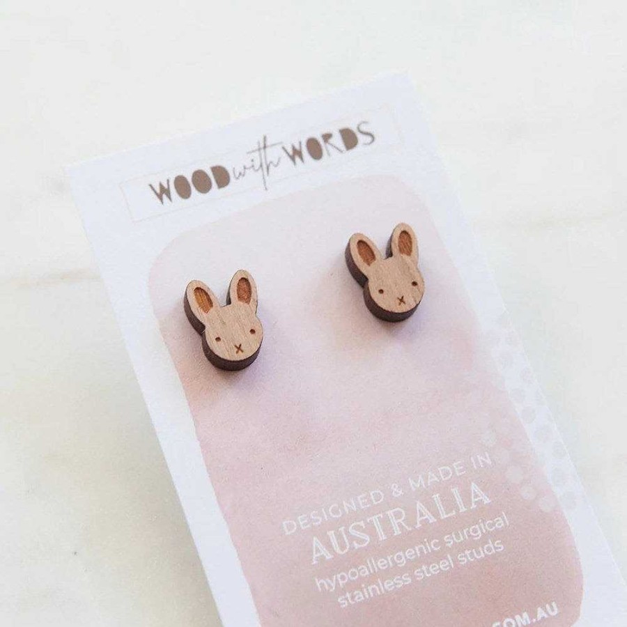 Jewellery Wood With Words | Wood With Words: Wooden Stud Earrings Bunny Rabbit