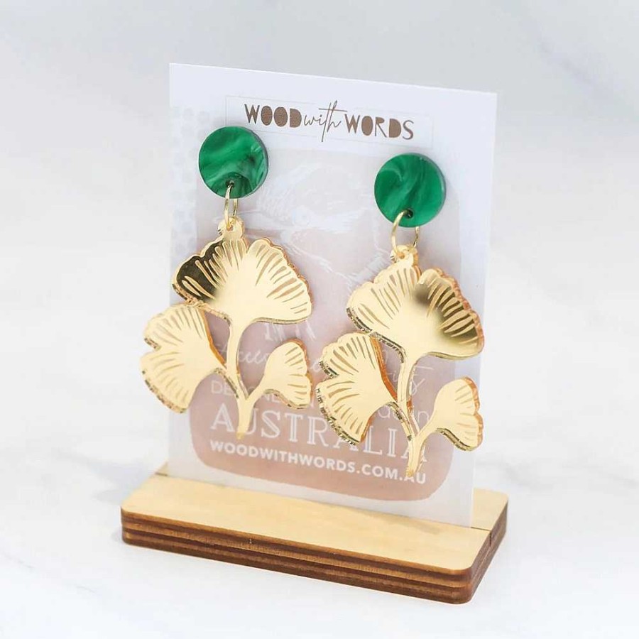 Jewellery Wood With Words | Wood With Words: Dangle Earrings Gold Ginkgo Leaves