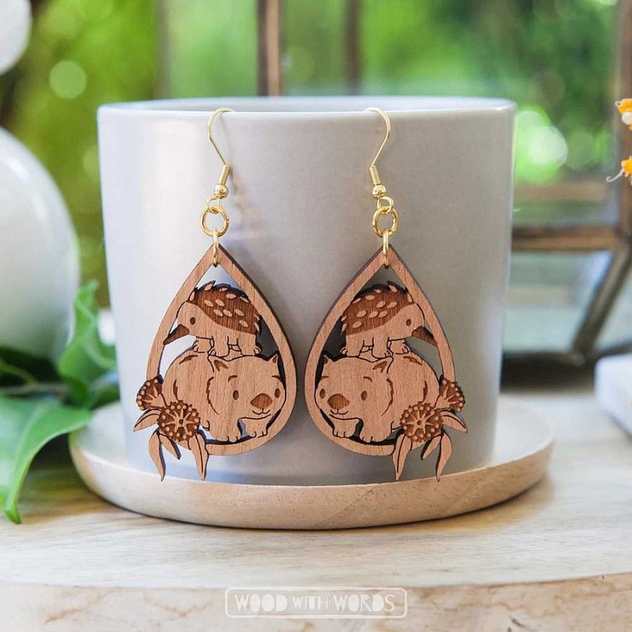 Jewellery Wood With Words | Wood With Words: Dangle Earrings Wombat Echidna