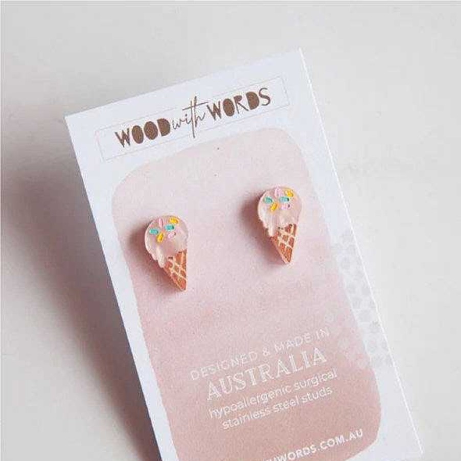 Jewellery Wood With Words | Wood With Words: Acrylic Stud Earrings Ice Cream Pink/Pink