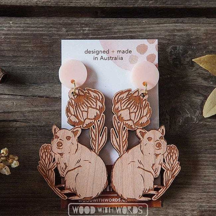 Jewellery Wood With Words | Wood With Words: Dangle Earrings Quokka Protea