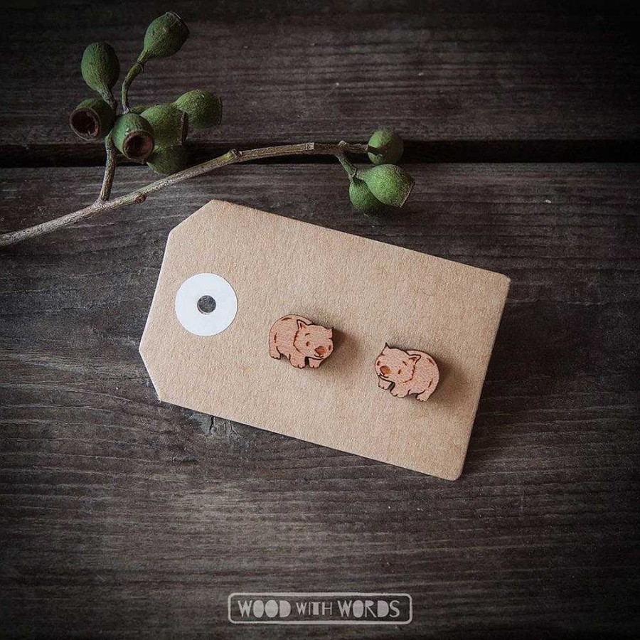 Jewellery Wood With Words | Wood With Words: Wooden Stud Earrings Waldo Wombat