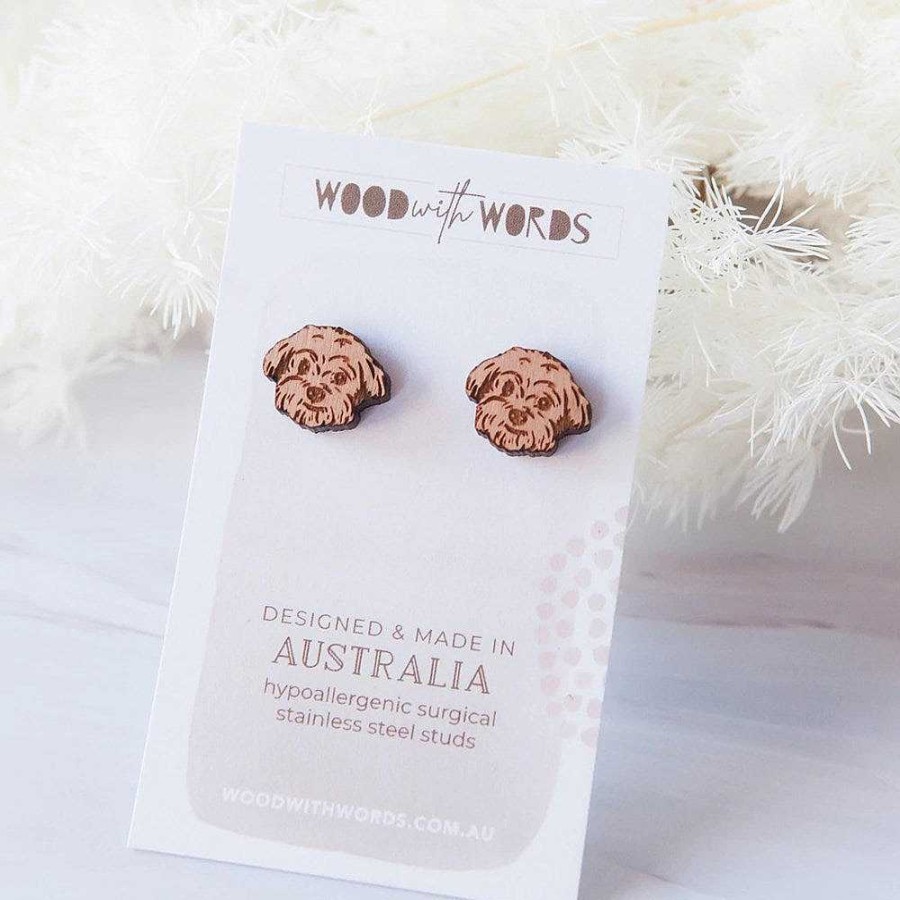 Jewellery Wood With Words | Wood With Words: Wooden Stud Earrings Maltese Shihtzu