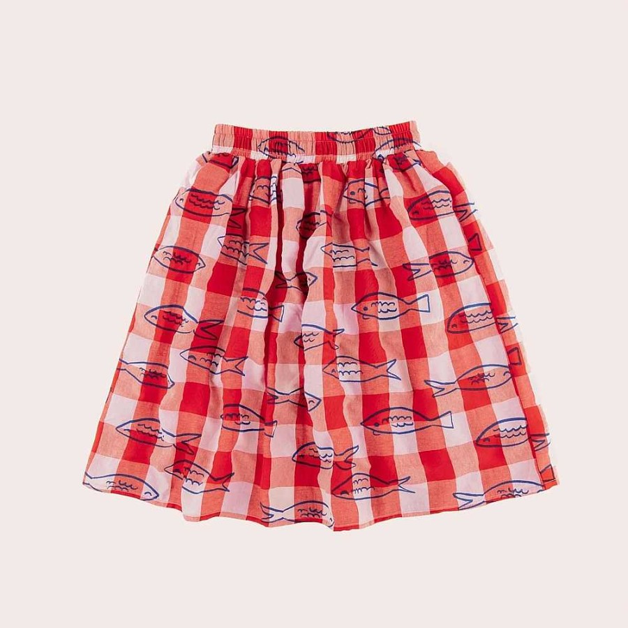 Fashion Olive + The Captain Women'S Print Skirts & Dresses | Olive + The Captain: Midi Skirt Fish Hadley Red Gingham