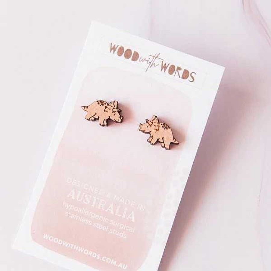 Jewellery Wood With Words | Wood With Words: Wooden Stud Earrings Triceratops