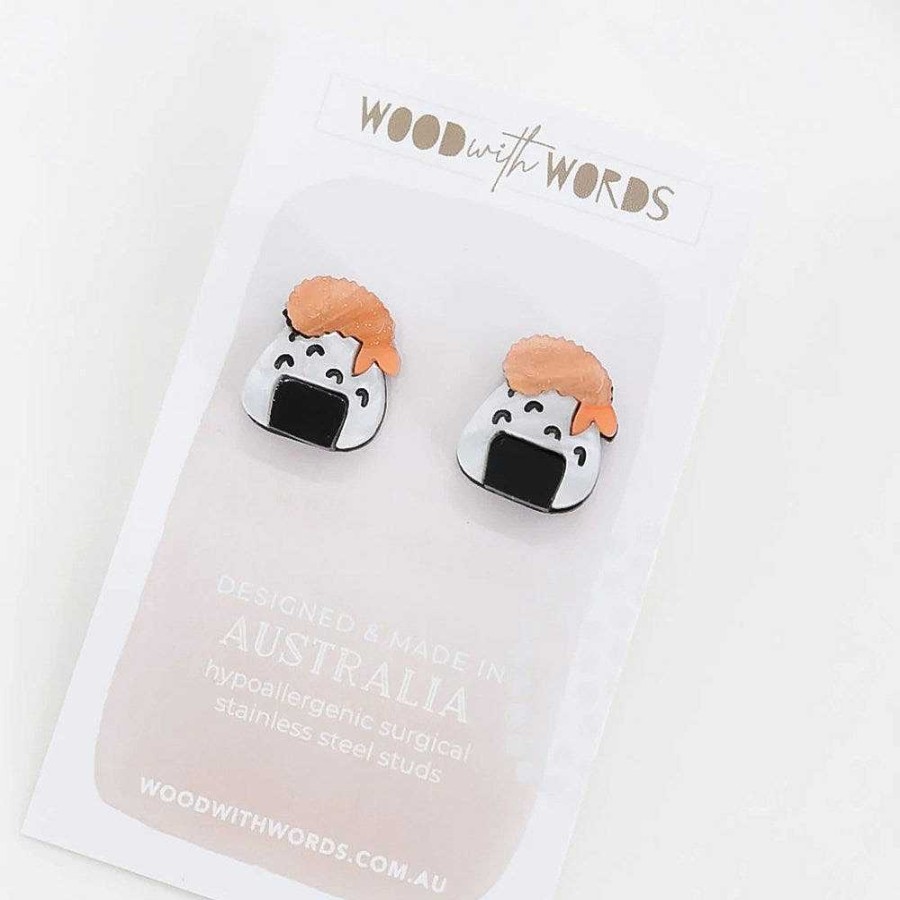 Jewellery Wood With Words | Wood With Words: Acrylic Stud Earrings Tempura Prawn Riceball Onigiri