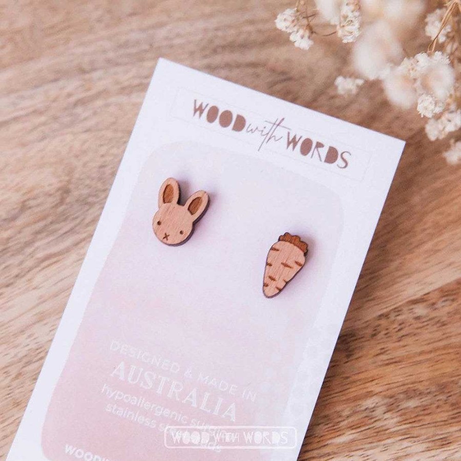 Jewellery Wood With Words | Wood With Words: Wooden Stud Earrings Rabbit And Carrot