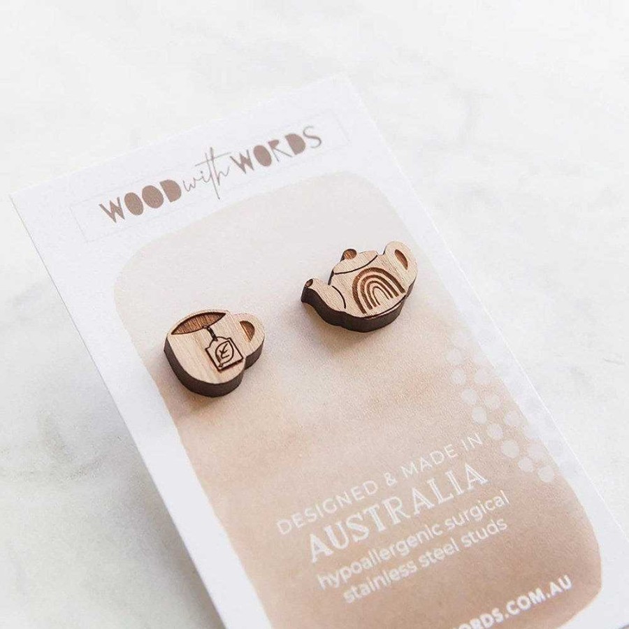 Jewellery Wood With Words | Wood With Words: Wooden Stud Earrings Tea Pot Tea Cup