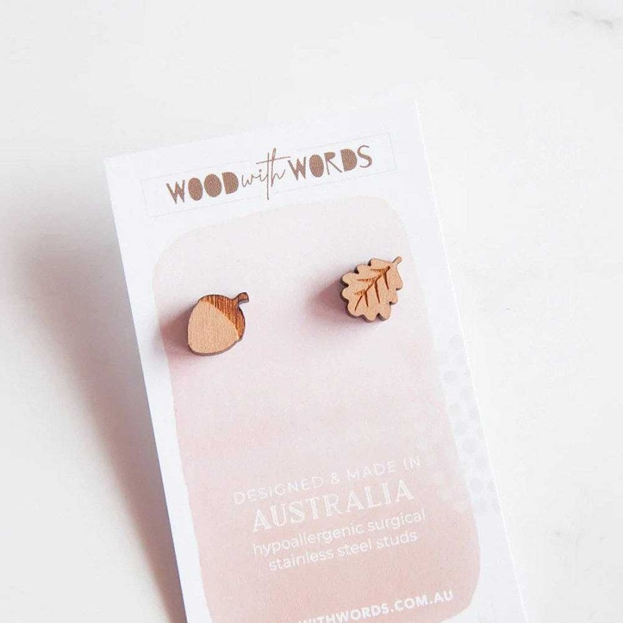 Jewellery Wood With Words | Wood With Words: Wooden Stud Earrings Acorn And Oak Leaf