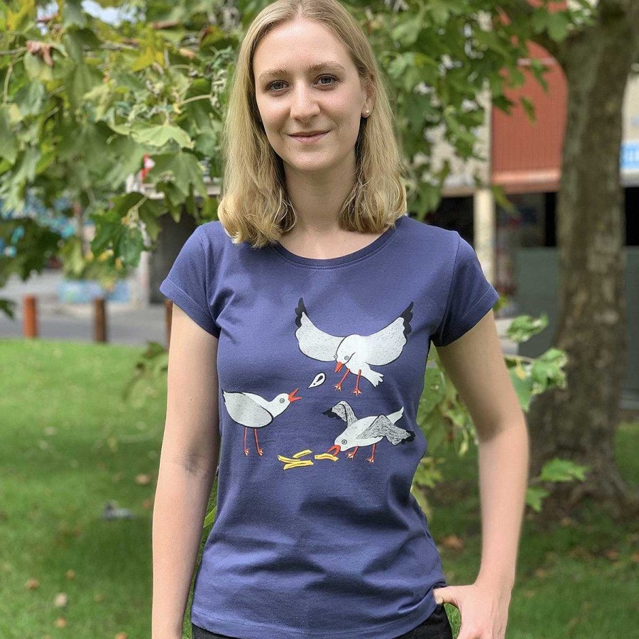 Fashion Monsterthreads Women'S T-Shirts | Seagull Squabble Dusky Blue Womens Tee