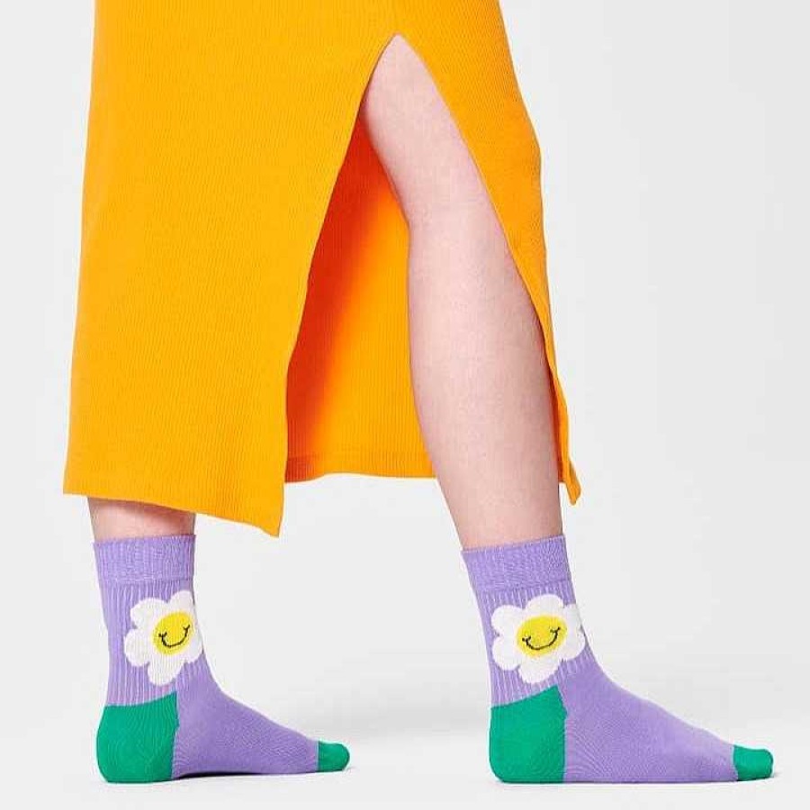 Fashion Happy Socks Socks | Happy Socks: Smiley Daisy 1/2 Crew Purple