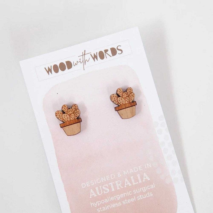 Jewellery Wood With Words | Wood With Words: Wooden Stud Earrings Cactus Bunny Ears