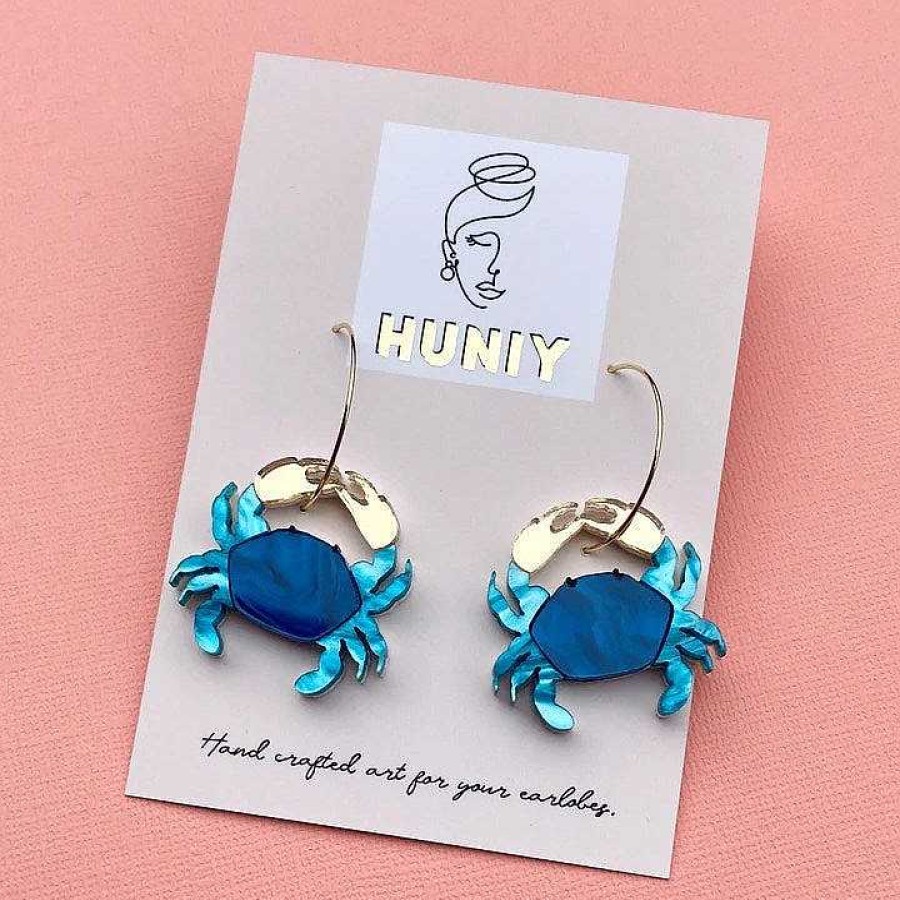 Jewellery HUNIY | Huniy: Earrings Blue Sapphire Crab Hoops