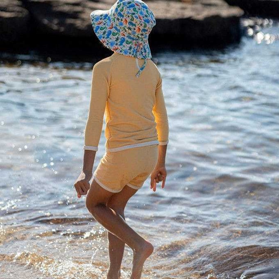 Fashion acorn kids Hats | Acorn Kids: Wide Brim Swim Bucket Hat Prehistoric Natural Blue Orange