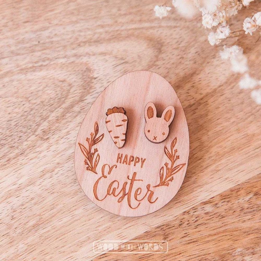 Jewellery Wood With Words | Wood With Words: Wooden Stud Earrings Rabbit And Carrot