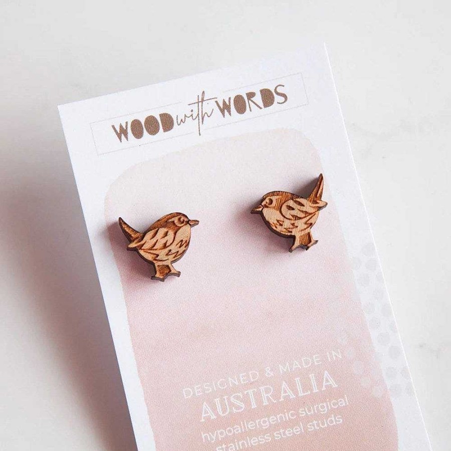 Jewellery Wood With Words | Wood With Words: Wooden Stud Earrings Robin