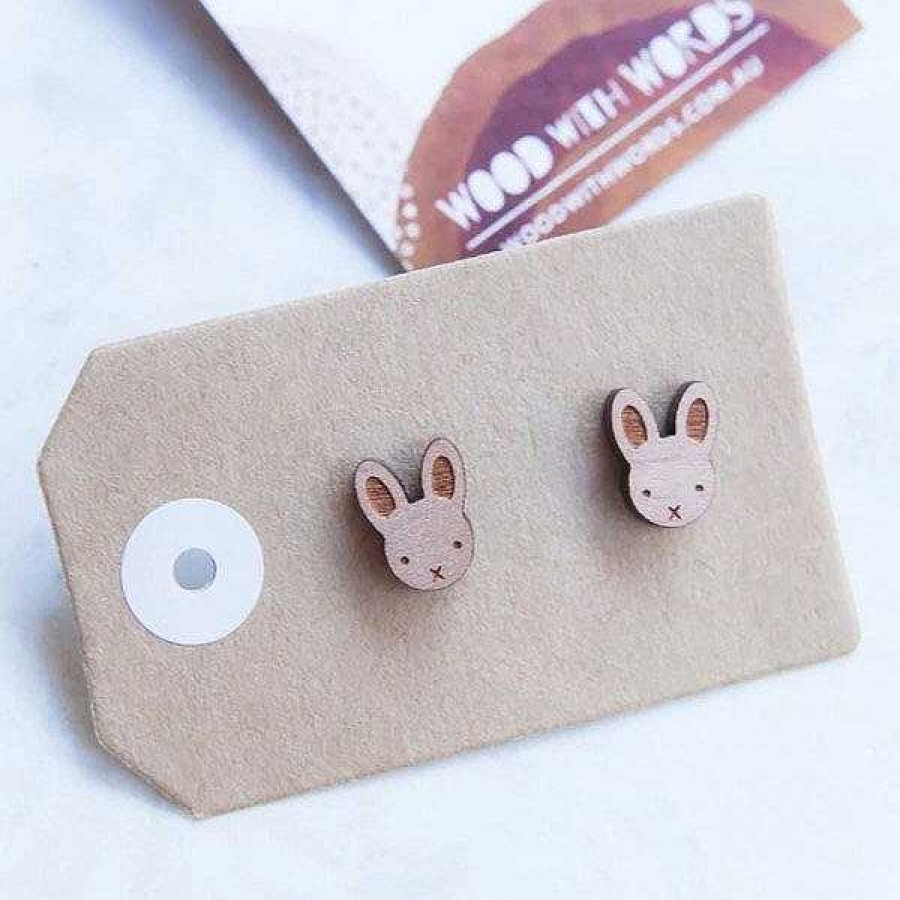 Jewellery Wood With Words | Wood With Words: Wooden Stud Earrings Bunny Rabbit