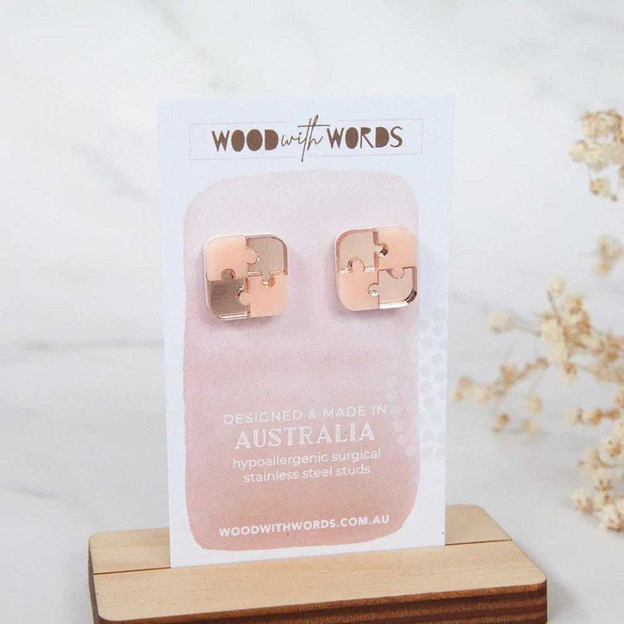 Jewellery Wood With Words | Wood With Words: Acrylic Stud Earrings Jigsaw Puzzle Rose Gold/Pink