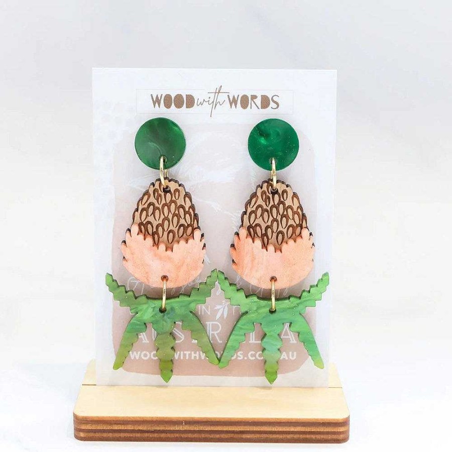 Jewellery Wood With Words | Wood With Words: Dangle Earrings Orange Banksia Green