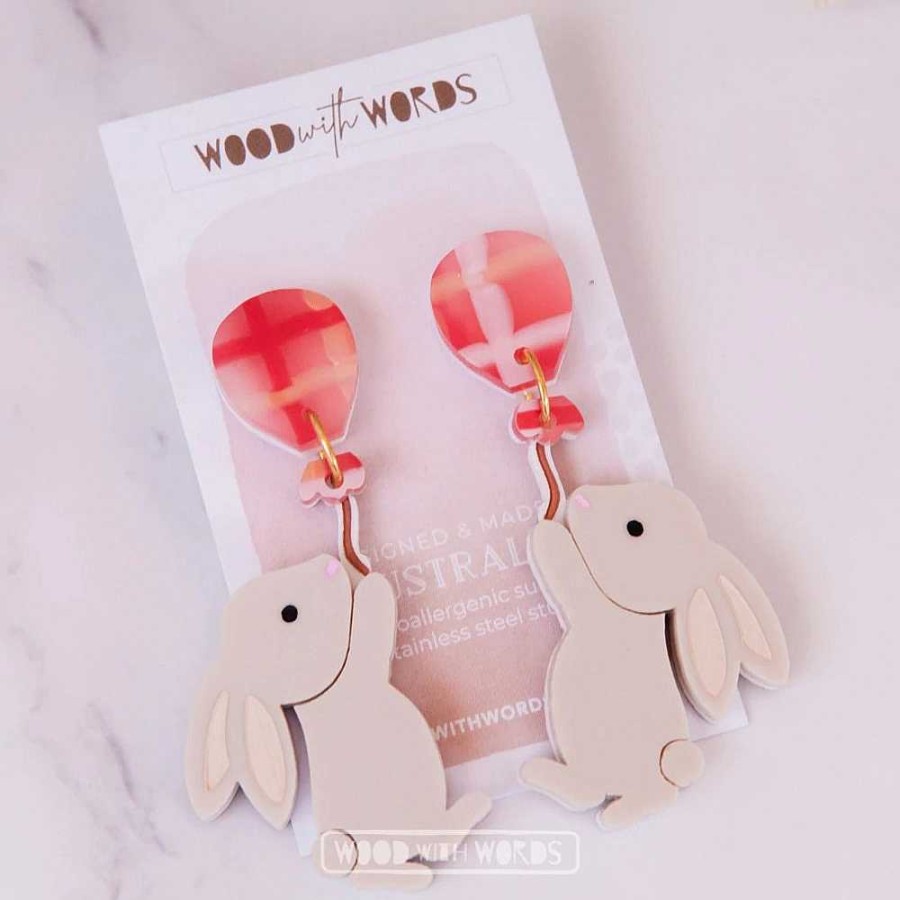 Jewellery Wood With Words | Wood With Words: Dangle Earrings Rabbit Flying Balloon